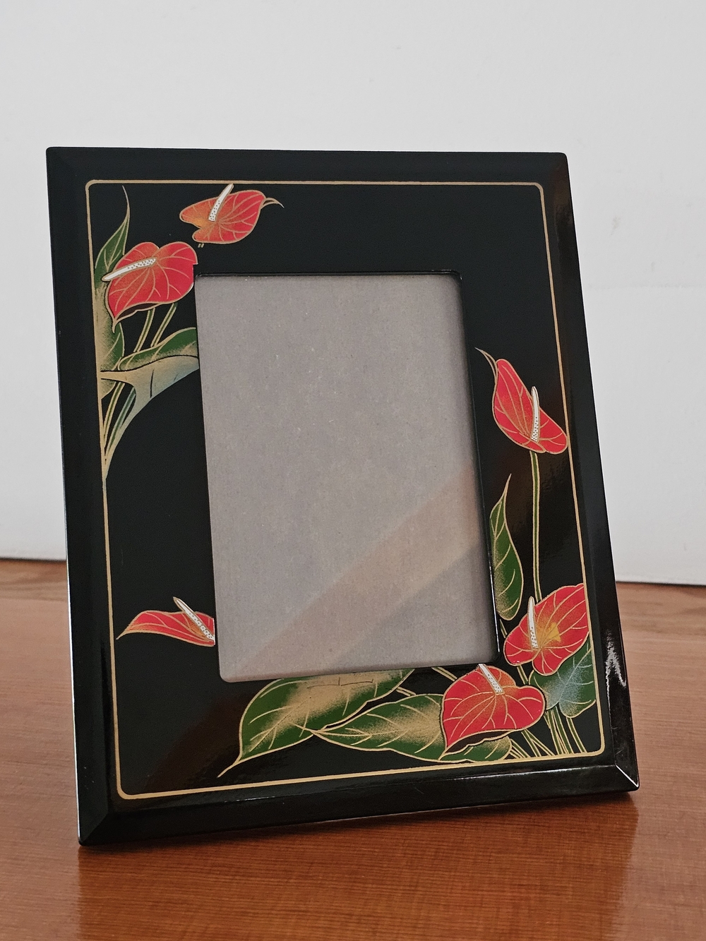Vintage Toyo Japan Black Lacquer Photo Frame - Hand-Painted Red Anthurium Flower